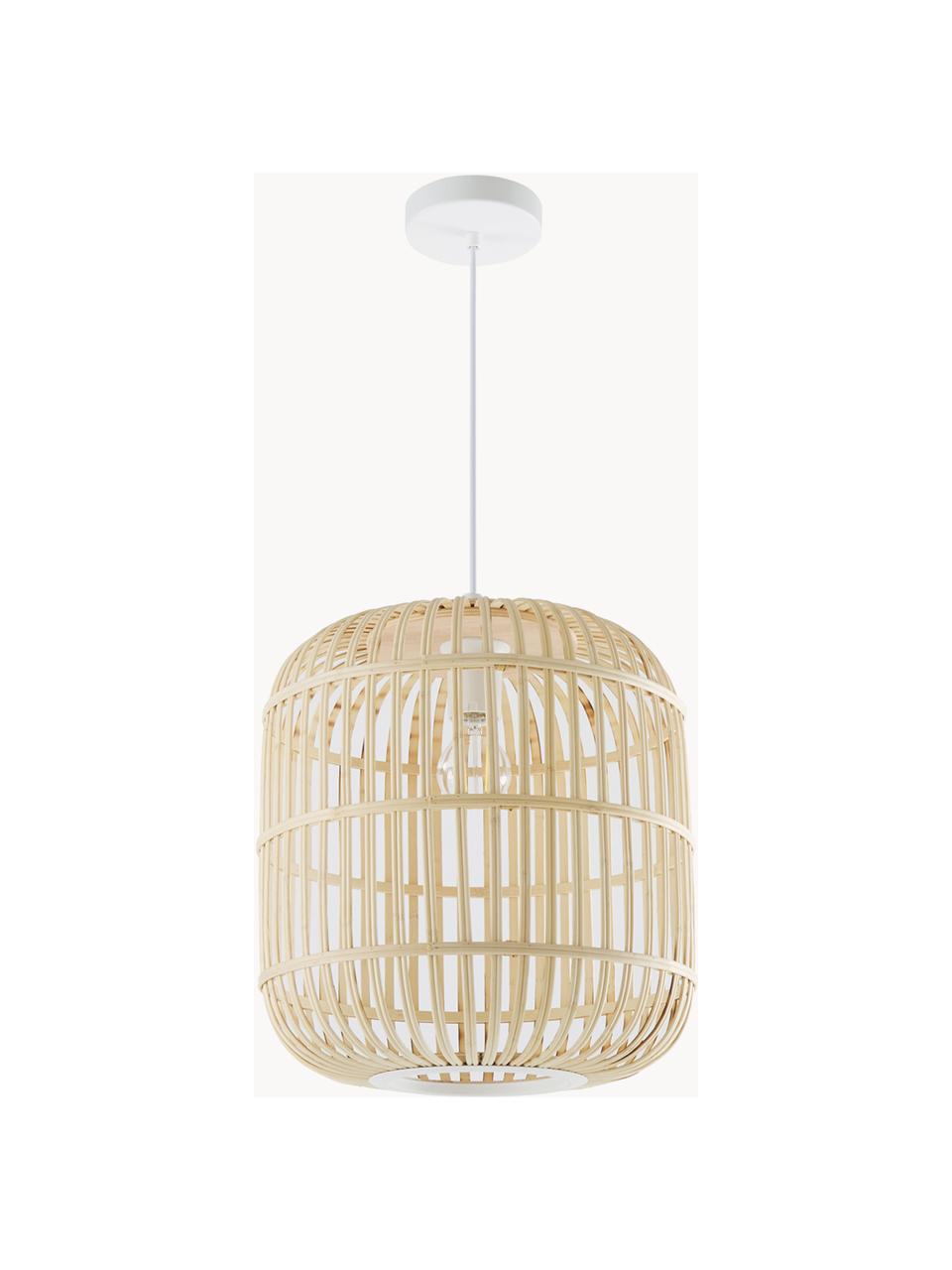 Kleine hanglamp Adam van bamboehout, Lampenkap: bamboe, hout, Baldakijn: gepoedercoat metaal, Wit, lichtbruin, Ø 35 x H 38 cm