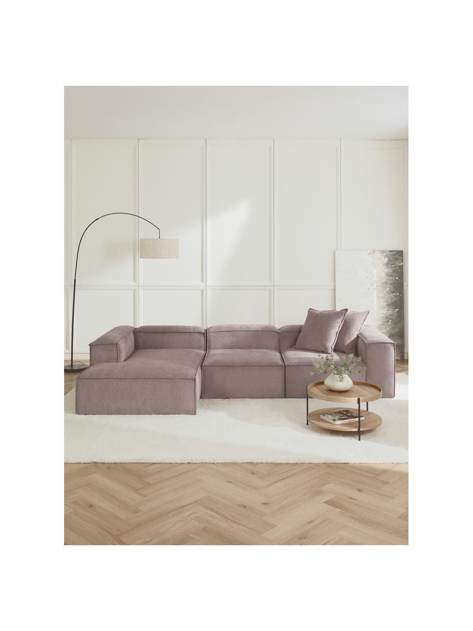 Modulaire hoekbank Lennon van corduroy, Bekleding: corduroy (92% polyester, , Frame: massief grenenhout, FSC-g, Poten: kunststof, Corduroy bruin, B 327 x D 180 cm, hoekdeel links