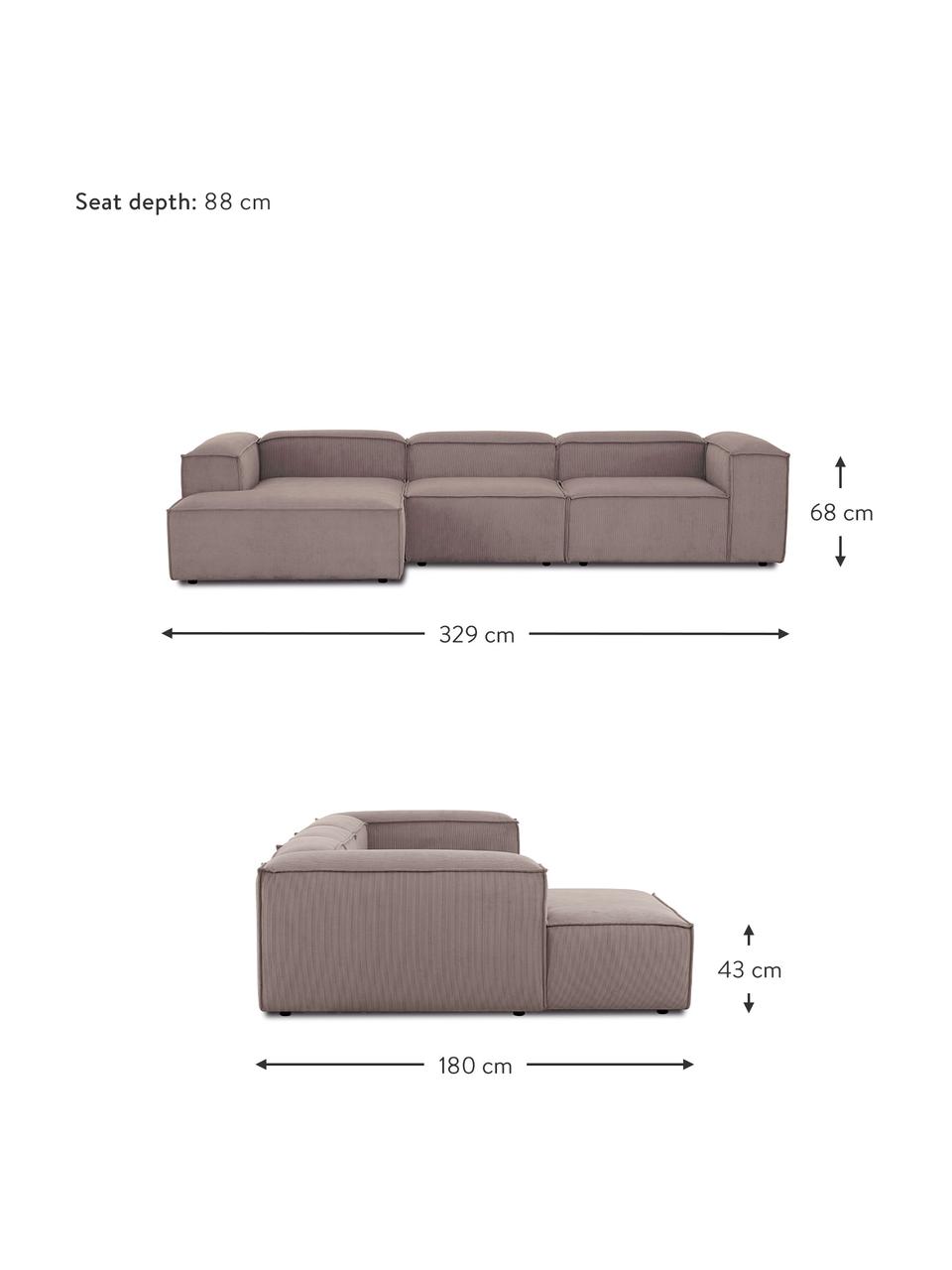 Modulaire hoekbank Lennon van corduroy, Bekleding: corduroy (92% polyester, , Frame: massief grenenhout, FSC-g, Poten: kunststof, Corduroy bruin, B 327 x D 180 cm, hoekdeel links