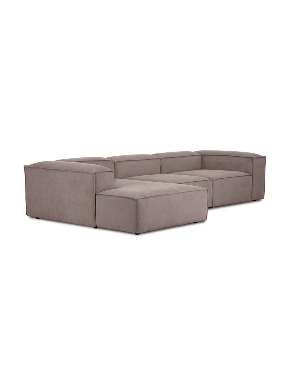 Divano angolare componibile in velluto a coste Lennon, Rivestimento: velluto a coste (92% poli, Struttura: legno di pino massiccio, , Piedini: plastica, Velluto a coste taupe, Larg. 327 x Prof. 180 cm, chaise-longue a sinistra