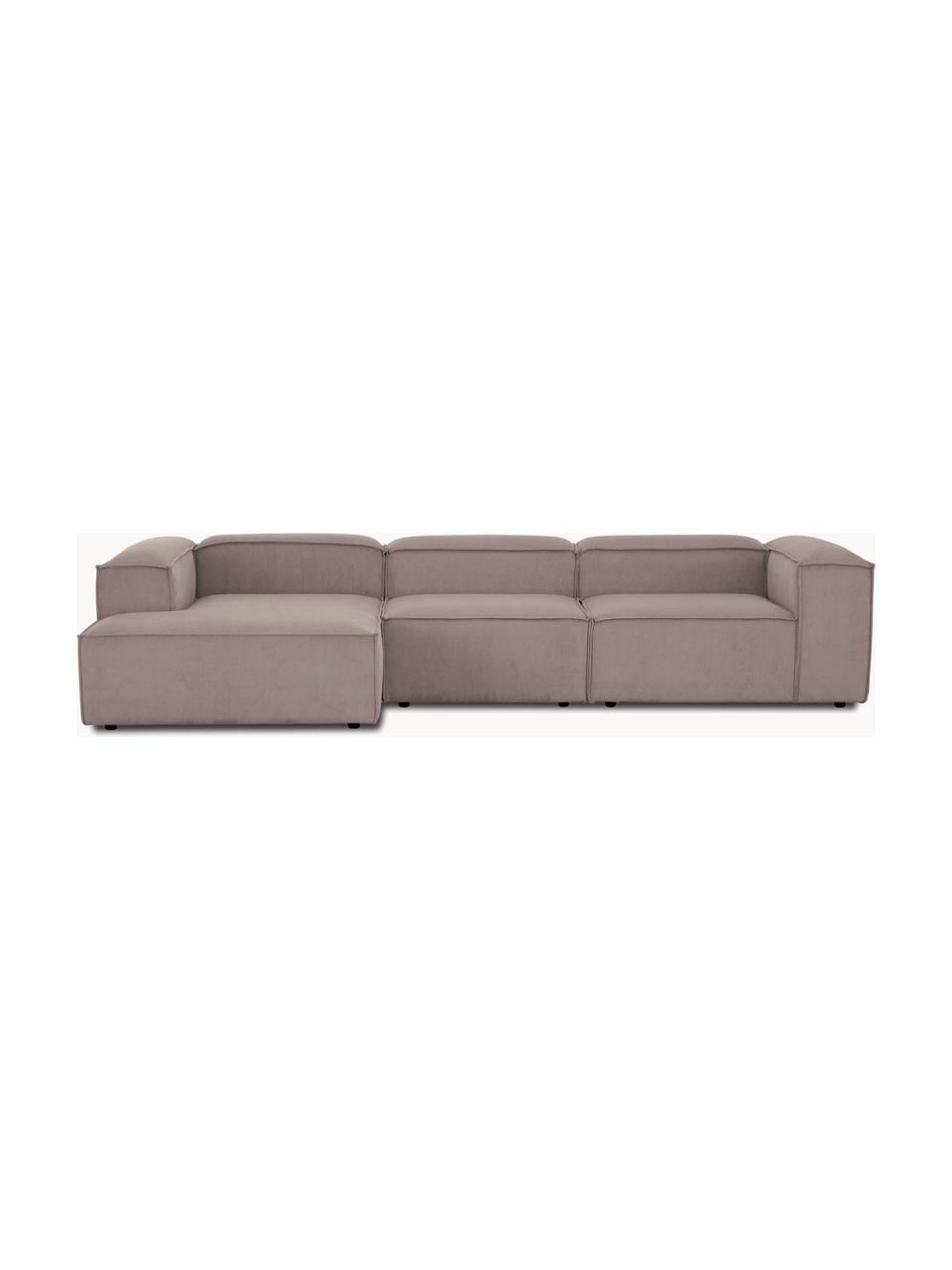 Divano angolare componibile in velluto a coste Lennon, Rivestimento: velluto a coste (92% poli, Struttura: legno di pino massiccio, , Piedini: plastica, Velluto a coste taupe, Larg. 327 x Prof. 180 cm, chaise-longue a sinistra