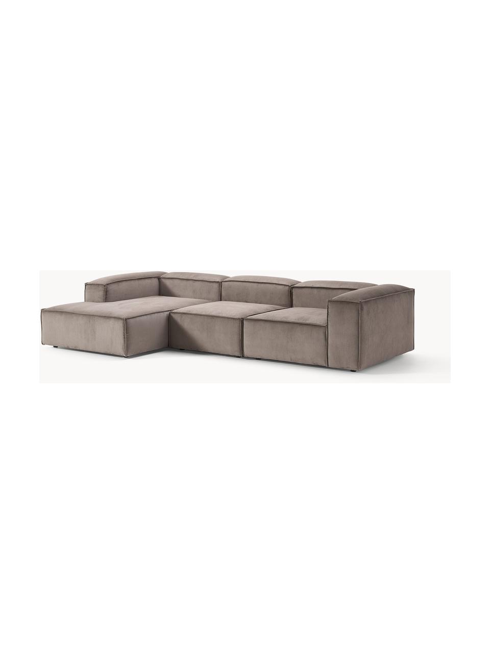 Modulares Ecksofa Lennon aus Cord, Bezug: Cord (92 % Polyester, 8 %, Gestell: Massives Kiefernholz, Spe, Füße: Kunststoff Dieses Produkt, Cord Taupe, B 327 x T 180 cm, Eckteil links