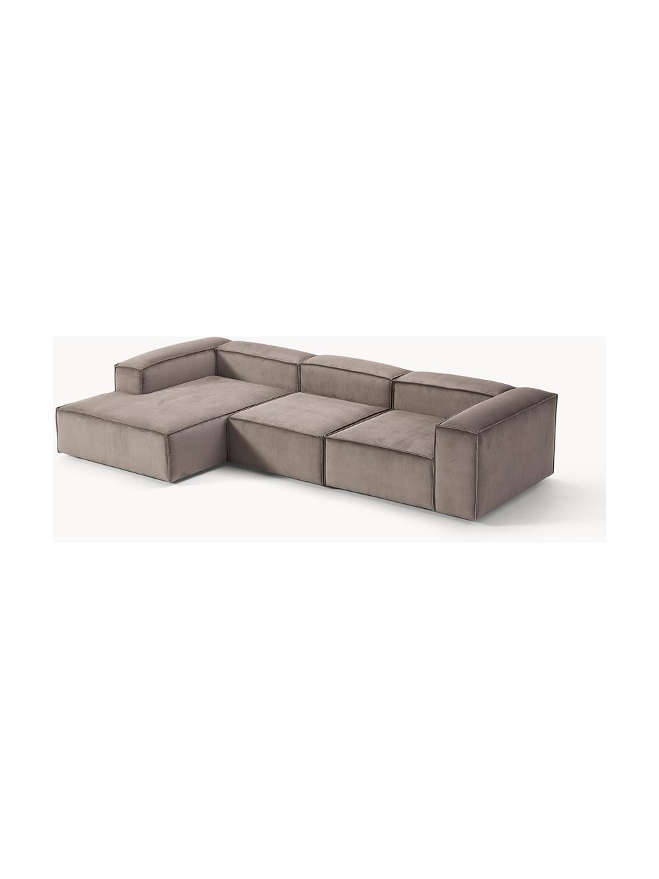 Sofá rinconera modular de pana Lennon, Tapizado: pana (92% poliéster, 8% p, Estructura: madera de pino maciza, ma, Patas: plástico Este producto es, Pana gris pardo, An 327 x F 180 cm, chaise longue izquierda