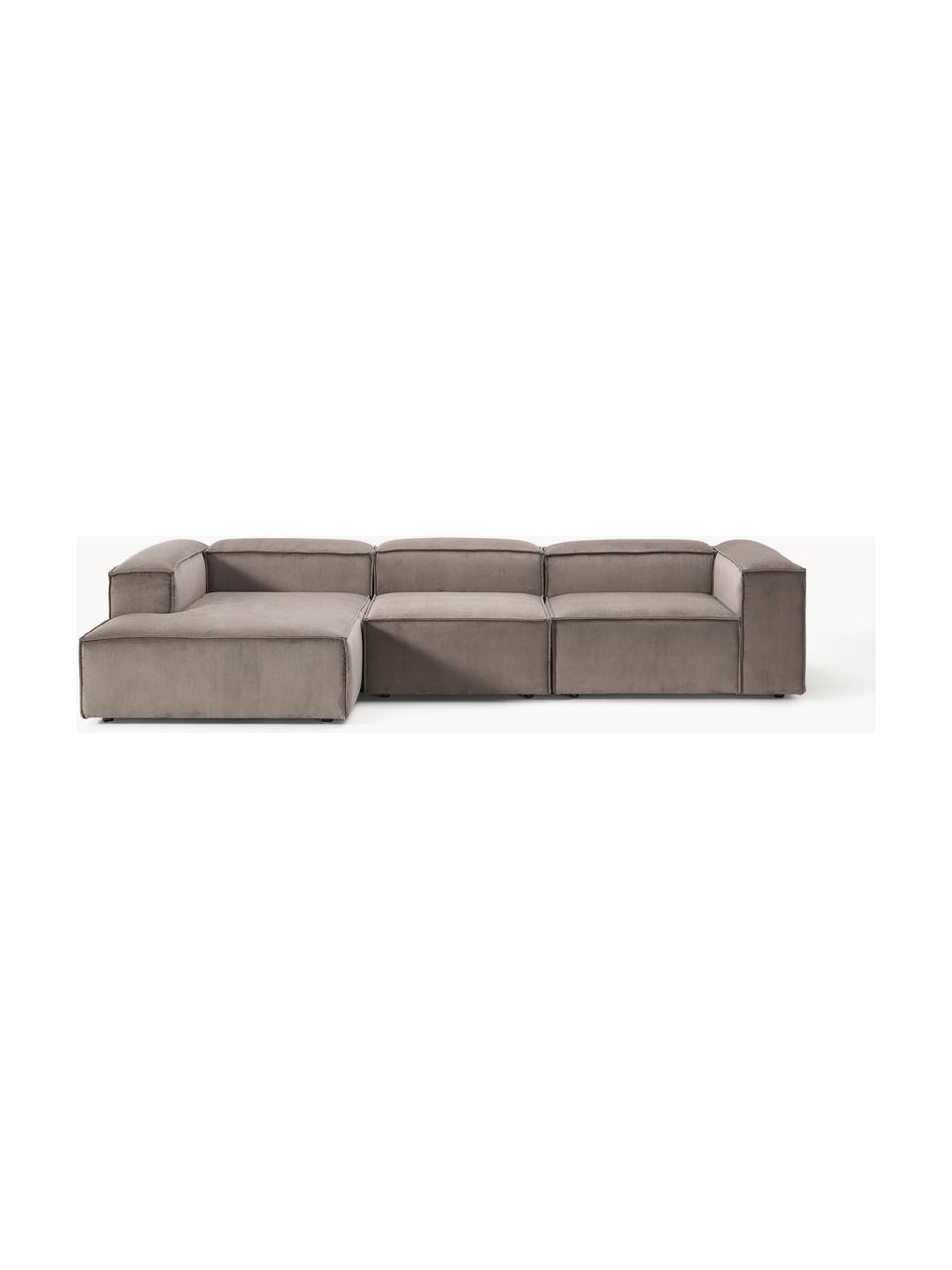 Sofá rinconera modular de pana Lennon, Tapizado: pana (92% poliéster, 8% p, Estructura: madera de pino maciza, ma, Patas: plástico Este producto es, Pana gris pardo, An 327 x F 180 cm, chaise longue izquierda