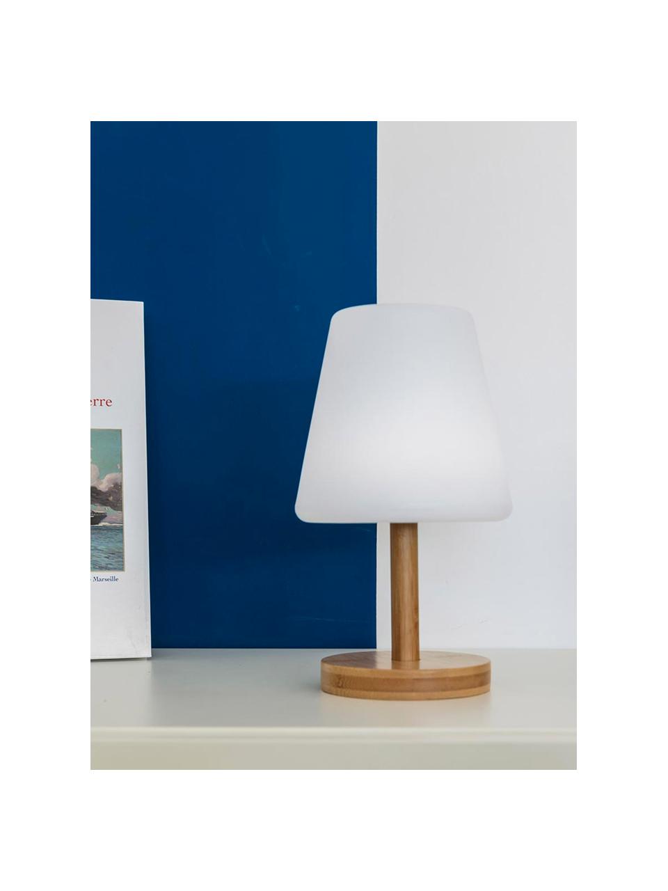 Mobile Dimmbare Außentischlampe Standy mit Bambusfuß, Lampenschirm: Polyethylen, Lampenfuß: Bambus, Weiß, Helles Holz, Ø 16 x H 25 cm