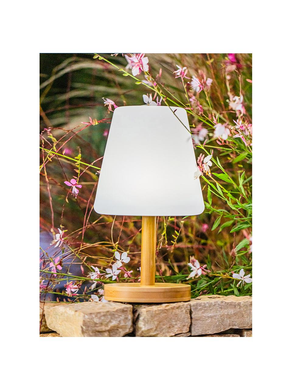 Mobile Dimmbare Aussentischlampe Standy mit Bambusfuss, Lampenschirm: Polyethylen, Weiss, Helles Holz, Ø 16 x H 25 cm