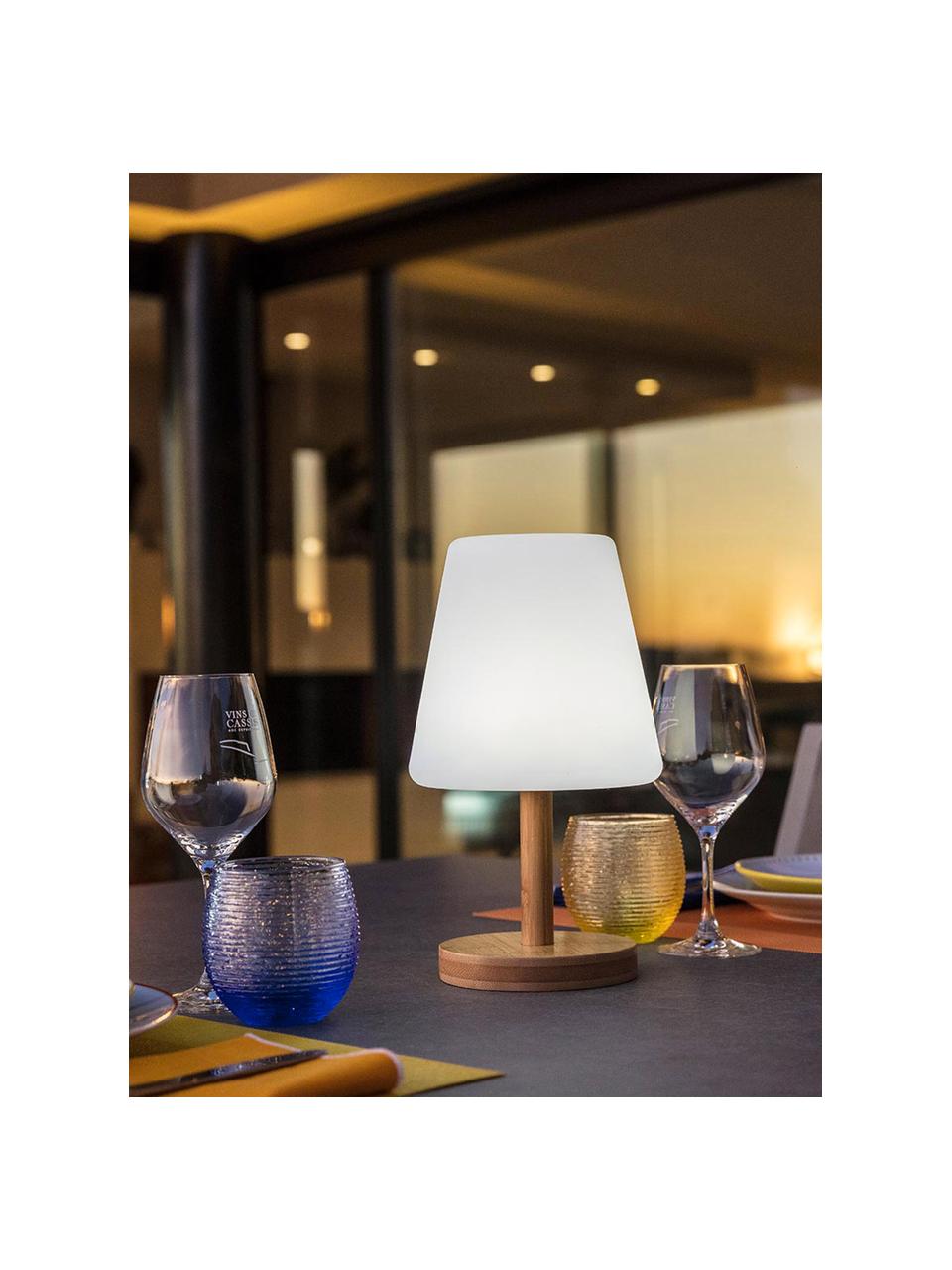 Lámpara de mesa regulable para exterior de bambú Standby, portátil, Pantalla: polietileno, Patas: bambú, Blanco, beige, Ø 16 x Al 25 cm