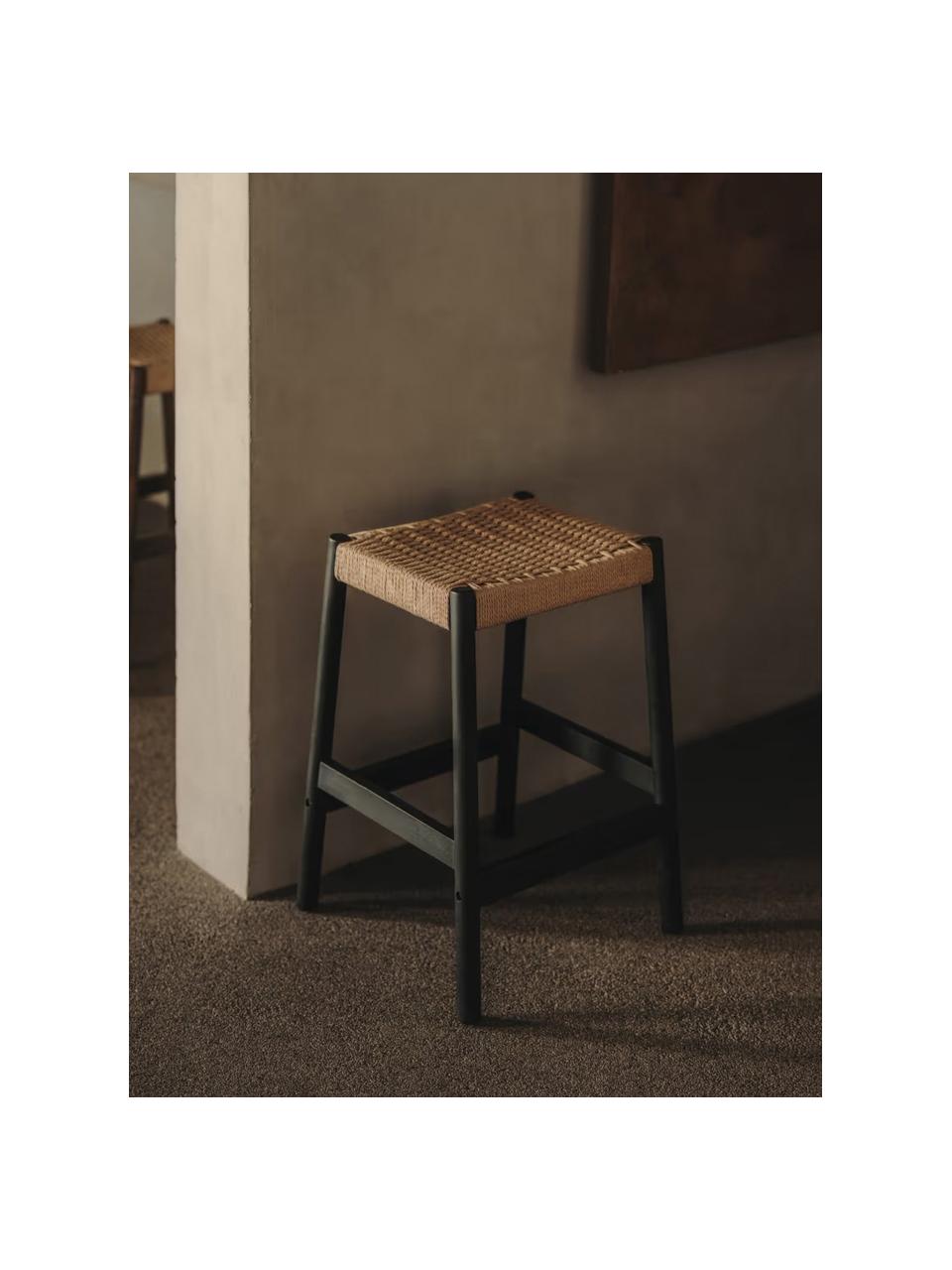 Eichenholz-Hocker Yalia mit geflochtener Sitzfläche, Sitzfläche: Papierseil, Gestell: Eichenholz, lackiert Dies, Beige, Schwarz, B 45 x H 66 cm