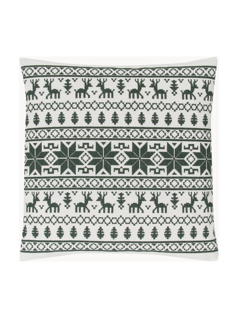 Housse de coussin 45x45 brodée à motif norvégien Orkney, 100 % coton, Vert foncé, blanc crème, larg. 45 x long. 45 cm