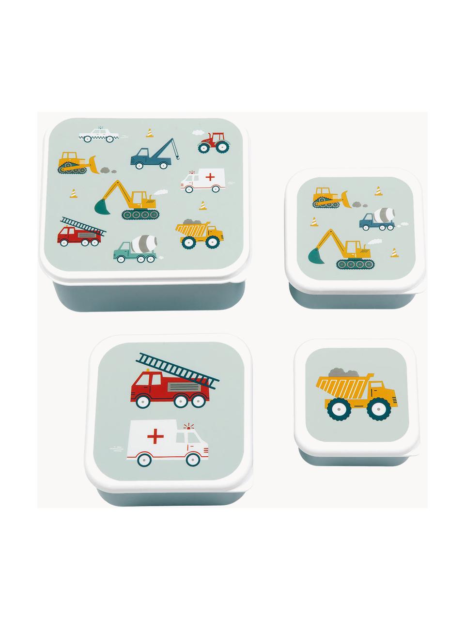 Boîtes à lunch pour enfants Vehicles, 4 élém., Plastique, Vert sauge, gris-bleu, multicolore, Lot de différentes tailles