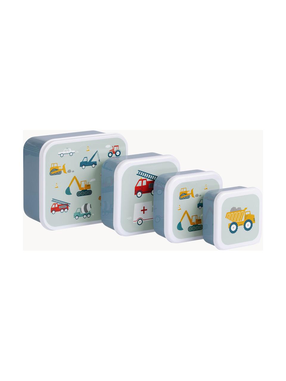Kinderlunchboxen Vehicles, set van 4, Kunststof, Saliegroen, grijsblauw, meerkleurig, Set met verschillende formaten