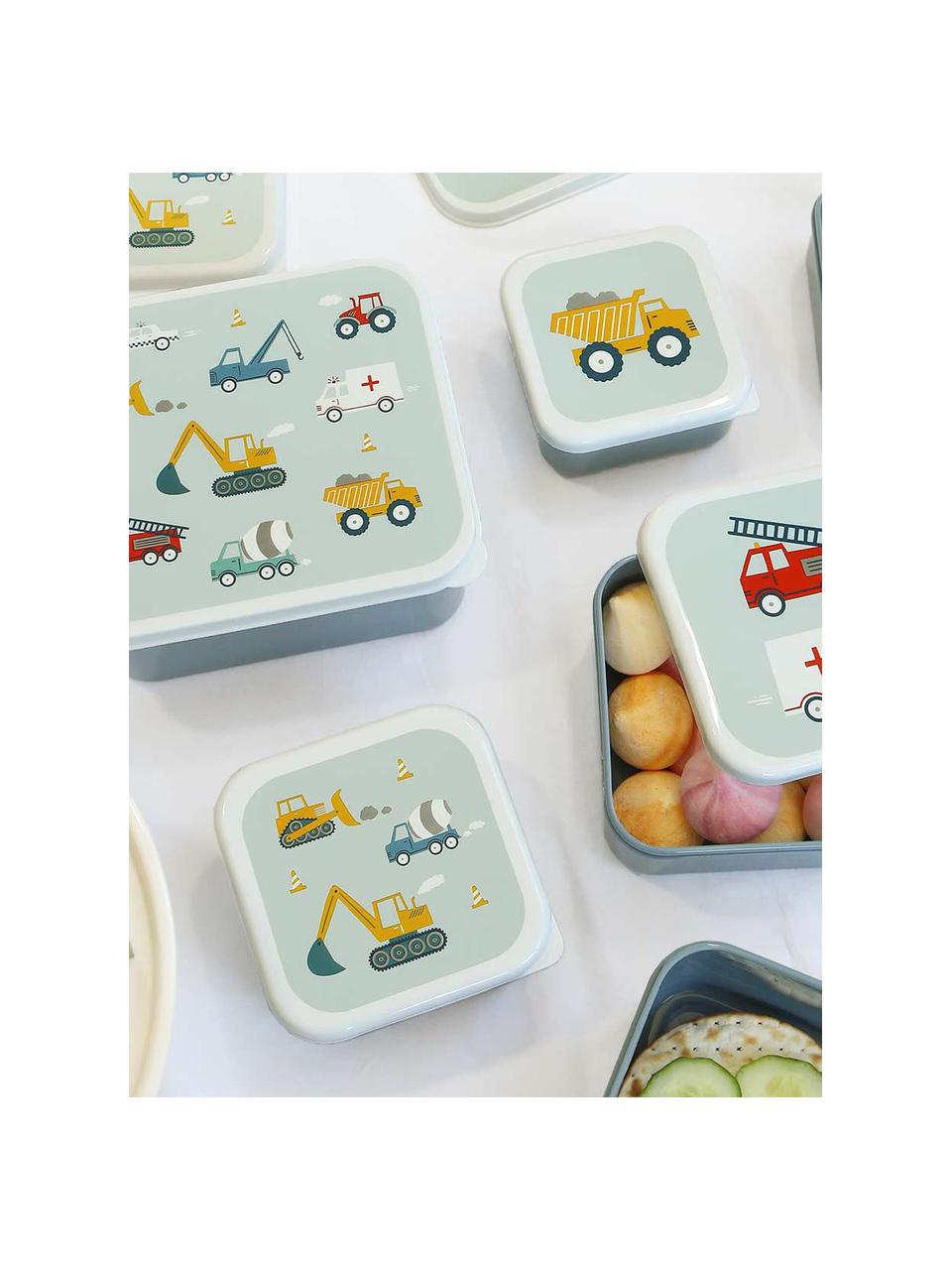Kinder-Lunchboxen Vehicles, 4er-Set, Kunststoff, Salbeigrün, Graublau, Mehrfarbig, Set mit verschiedenen Größen