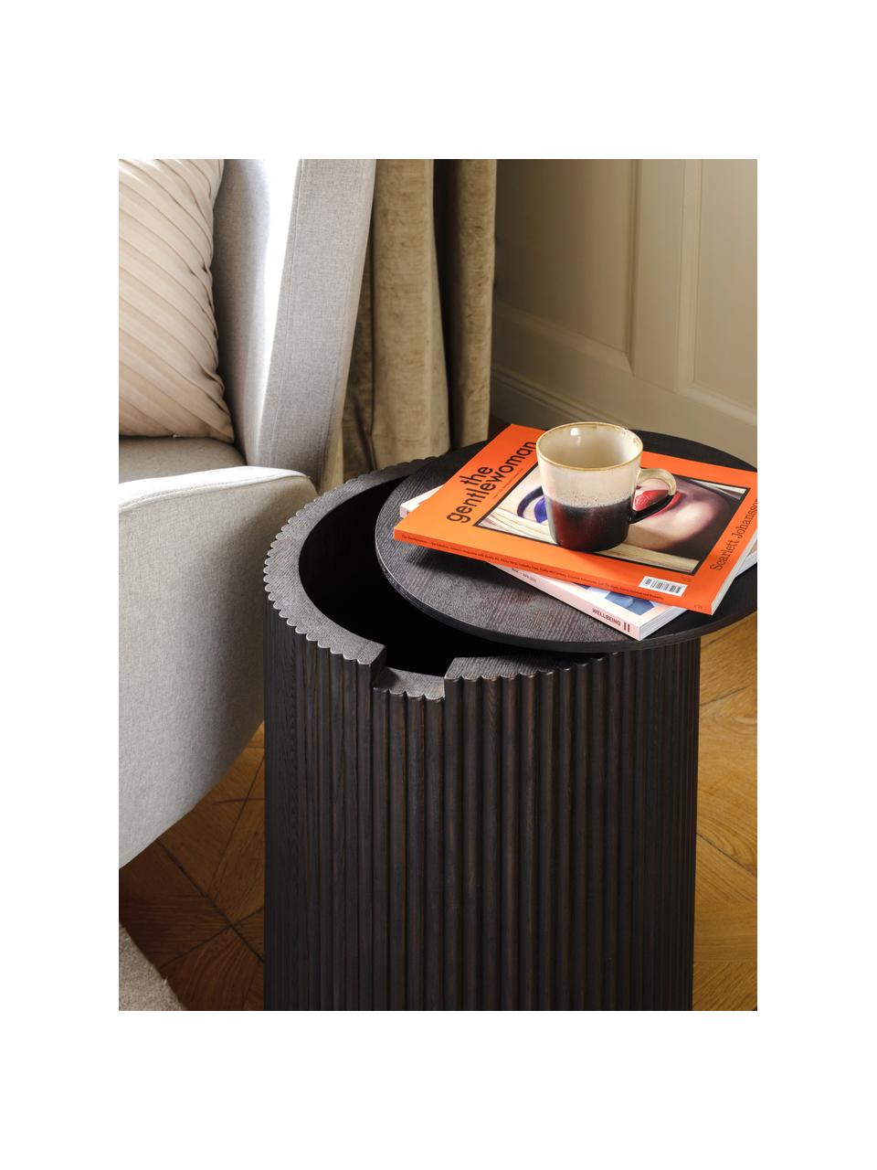 Dřevěný odkládací stolek s úložným prostorem Nele, MDF deska (dřevovláknitá deska střední hustoty) s jasanovou dýhou, Černá, Ø 40 cm, V 51 cm