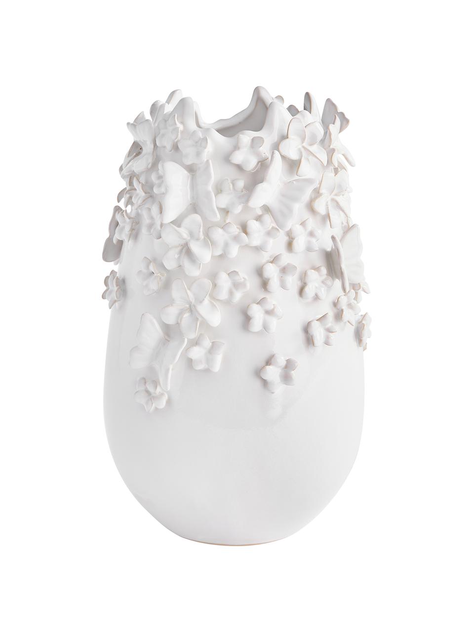 Vaso in gres con decoro 3D Daphne, Gres laccato, Bianco, Ø 23 x Alt. 35 cm