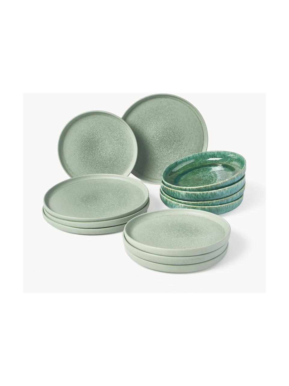 Set 12 stoviglie fatte a mano con smalto reattivo Pam, 4 persone, Gres, Verde salvia, 4 persone (12 pz)