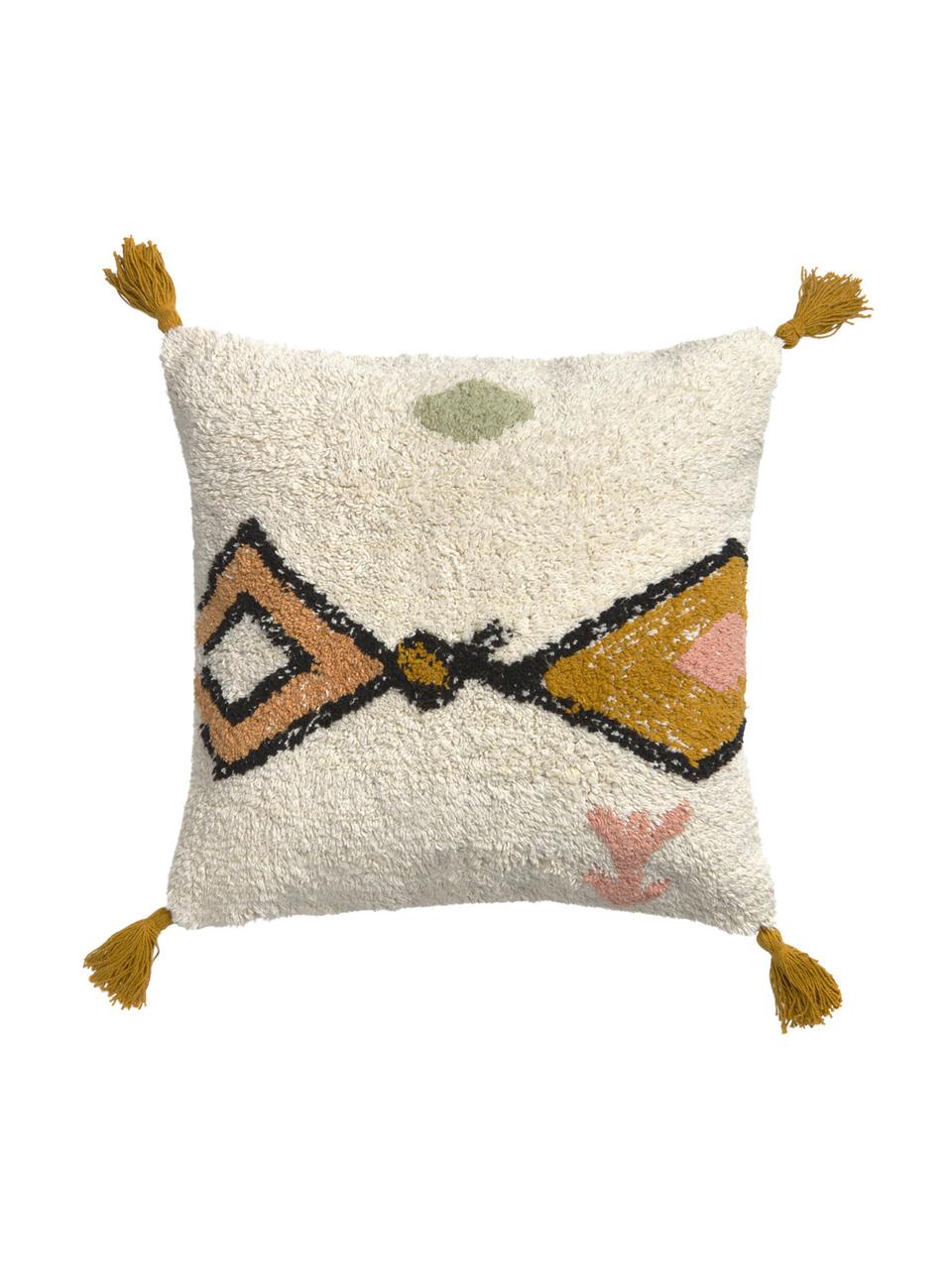 Housse de coussin 45x45 éthno Bereber, Blanc, noir, jaune moutarde