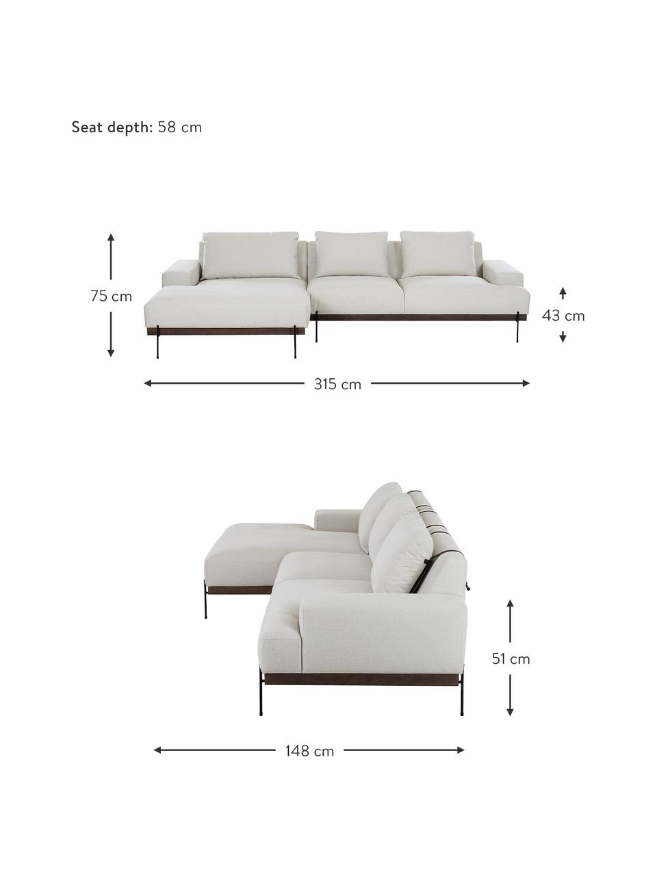 Canapé d'angle avec pieds en métal Brooks, Tissu beige, larg. 315 x prof. 148 cm, méridienne à gauche