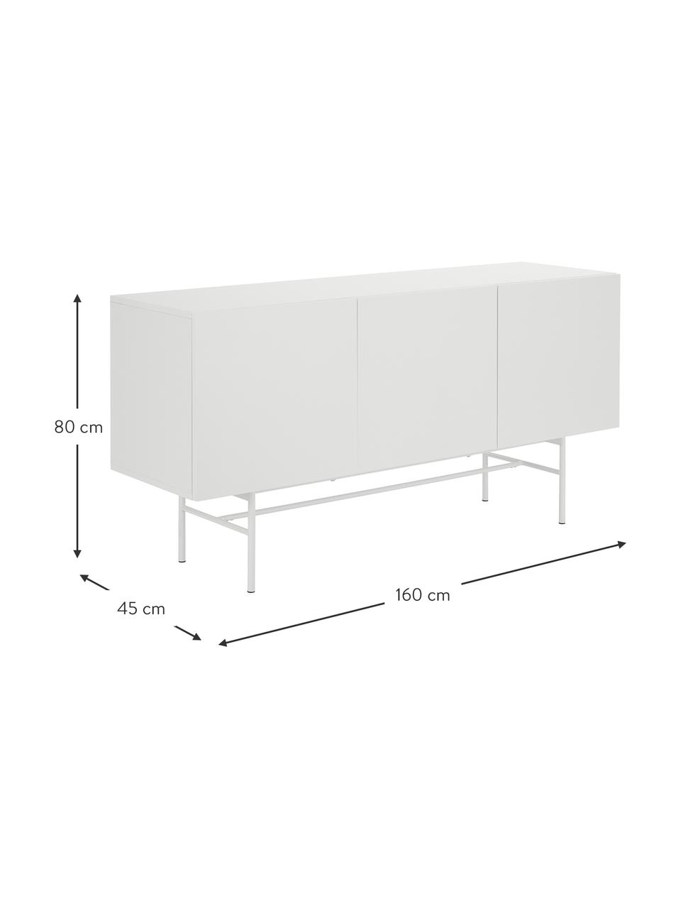 Modern dressoir Anders met 3 deuren in wit, Frame: gelakt MDF, Poten: gepoedercoat metaal, Wit, B 160 cm x H 80 cm