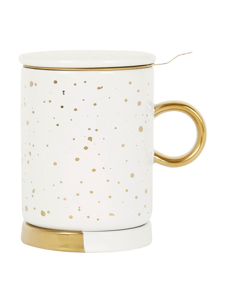 Theekopje Astre met zeef, deksel en schoteltje, Keramiek, Wit, goudkleurig, Ø 9 x H 12 cm, 350 ml
