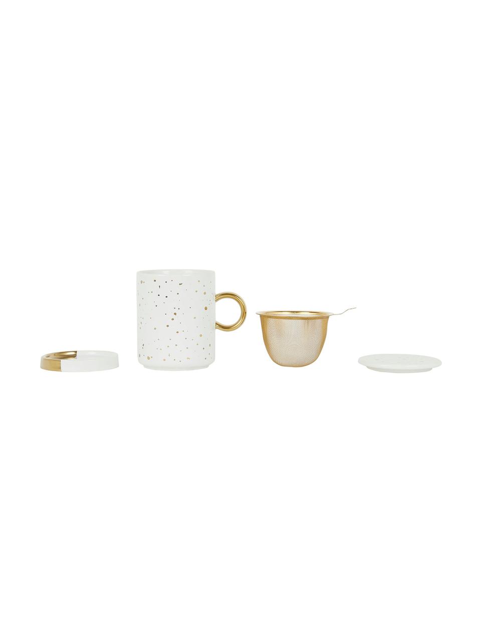 Taza de té con colador, tapadera y platito Astre, Gres, Blanco, dorado, Ø 9 x Al 12 cm, 350 ml