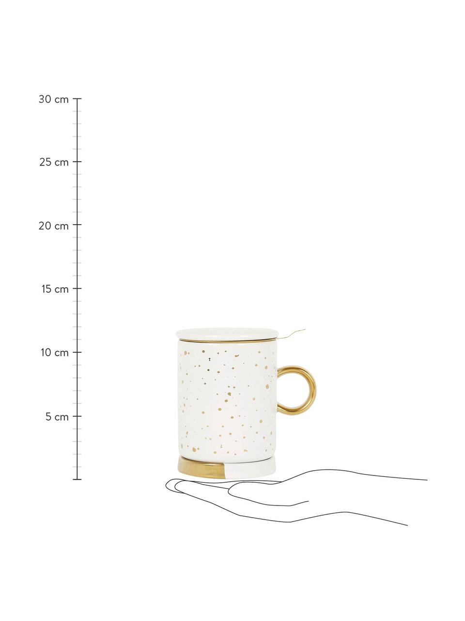 Theekopje Astre met zeef, deksel en schoteltje, Keramiek, Wit, goudkleurig, Ø 9 x H 12 cm, 350 ml