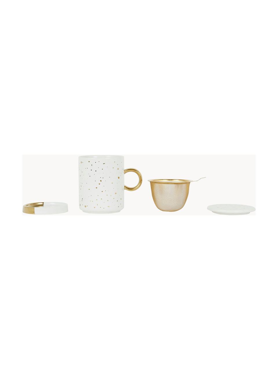 Tasse à thé avec passoire, couvercle et sous-tasse Astre, Grès cérame, Blanc, doré, Ø 9 x haut. 12 cm, 350 ml
