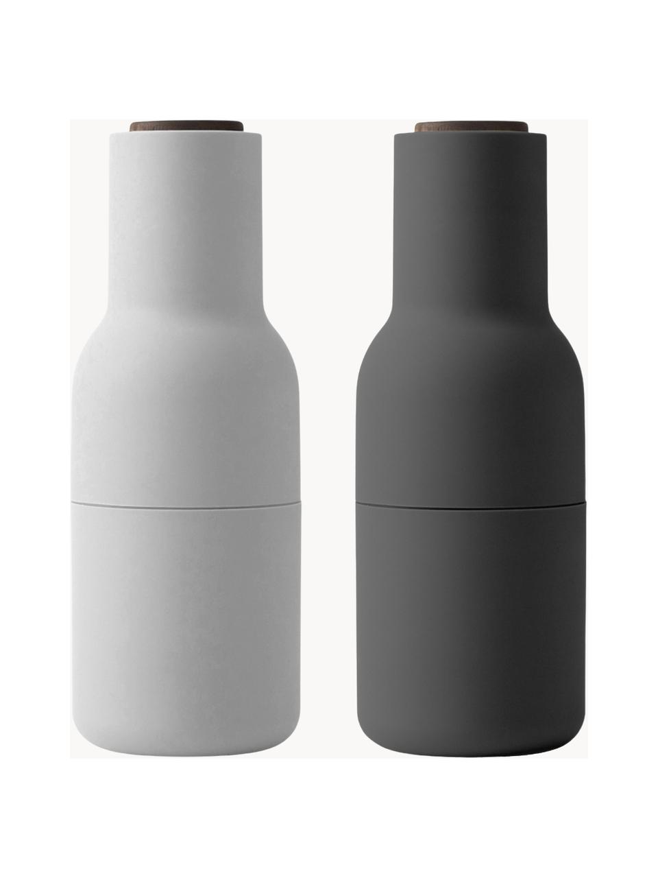 Designer Salz- & Pfeffermühle Bottle Grinder mit Walnussholzdeckel, 2er-Set, Korpus: Kunststoff, Mahlwerk: Keramik, Deckel: Walnussholz, Weiß, Dunkelgrau, Walnussholz, Ø 8 x H 21 cm