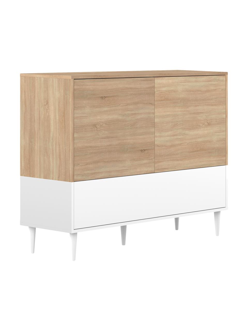 Sideboard Horizon im Skandi Design, Korpus: Spanplatte, melaminbeschi, Füße: Buchenholz, massiv, lacki, Eichenholz, Weiß, 120 x 95 cm