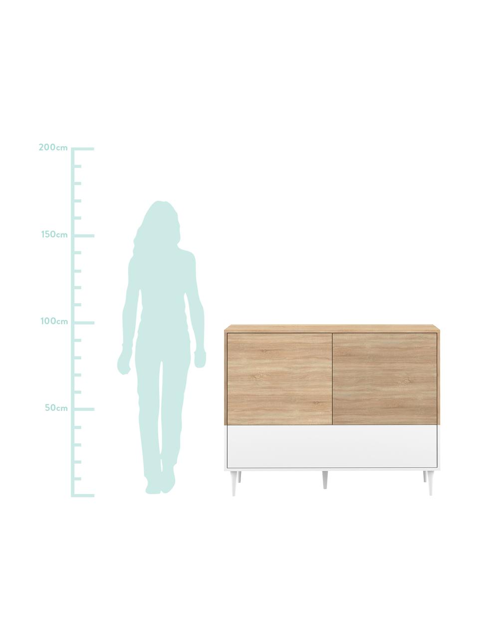 Sideboard Horizon im Skandi Design, Korpus: Spanplatte, melaminbeschi, Füße: Buchenholz, massiv, lacki, Eichenholz, Weiß, 120 x 95 cm