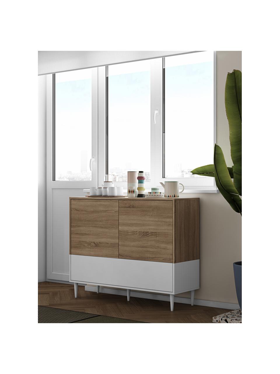 Sideboard Horizon im Skandi Design, Korpus: Spanplatte, melaminbeschi, Eichenholz, Weiss, 120 x 95 cm