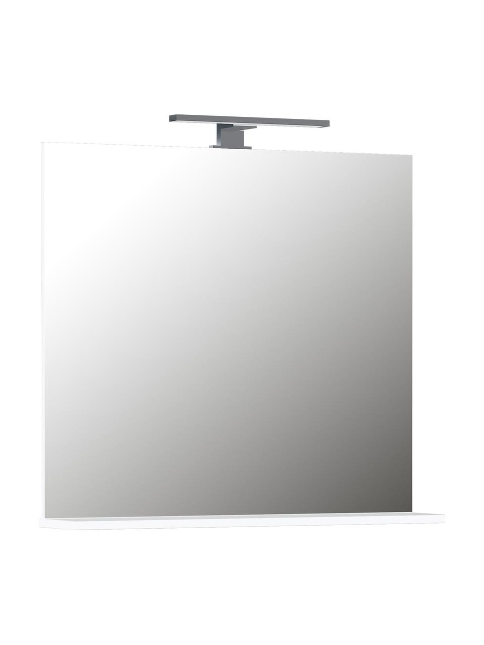Wandspiegel Sara mit LED-Beleuchtung und Ablage, Ablage: Spanplatte, melaminharzbe, Spiegelfläche: Spiegelglas, Silberfarben, B 76 x H 75 cm