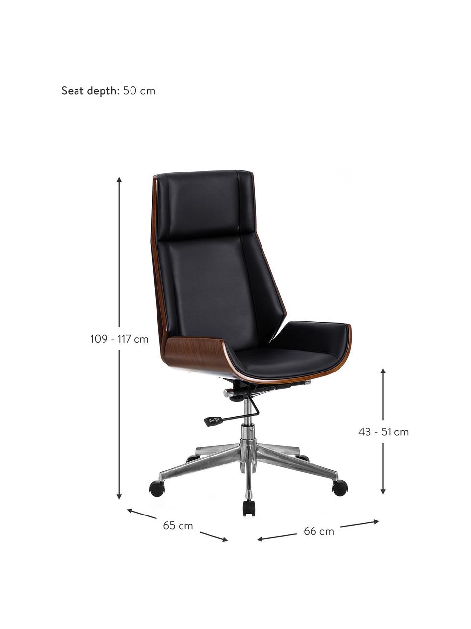 Sedia girevole da ufficio Dingo, Rivestimento: similpelle (poliuretano), Struttura: truciolato, Gambe: metallo, Ruote: materiale sintetico, Nero, marrone, Larg. 66 x Prof. 65 cm