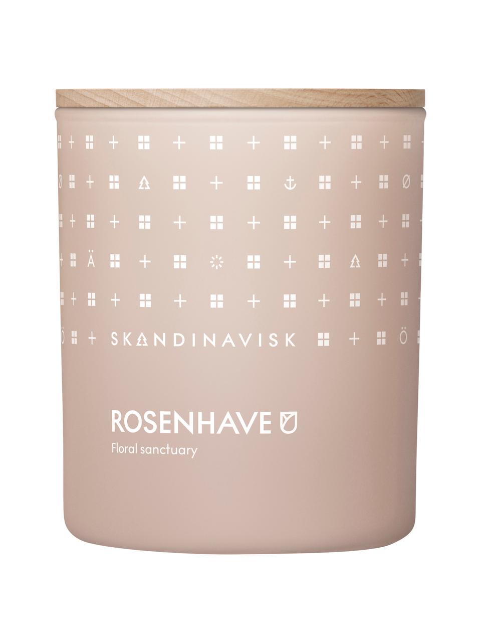 Duftkerze Rosenhave (Rose, Holunderblüten, Geranium), Behälter: Glas, Deckel: Birkenholz, Box: Karton, Rose, Holunderblüten, Geranium, Ø 8 x H 10 cm