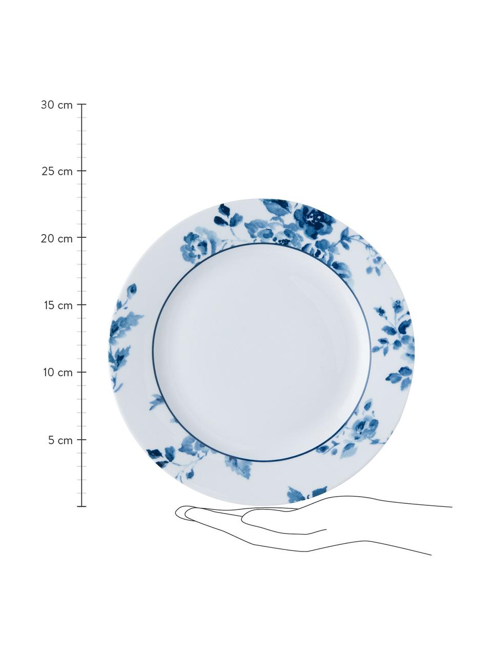 Ontbijtbord Candy rozen met blauw patroon, 4-delig, Beenderporselein, Wit, blauw, Ø 23 cm