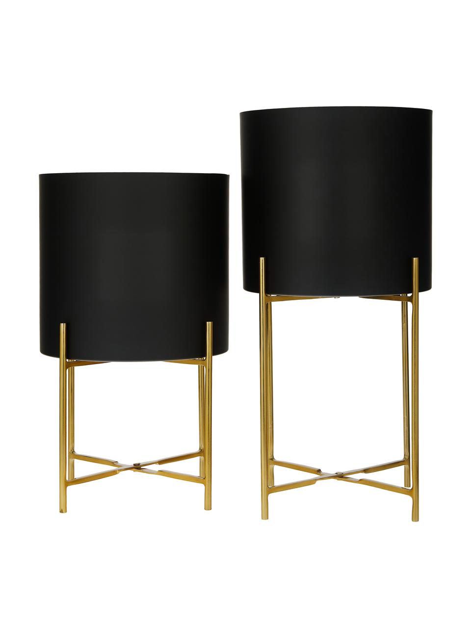 Set de maceteros de metal Mina, 2 uds., Metal con pintura en polvo, Negro, dorado, Set de diferentes tamaños