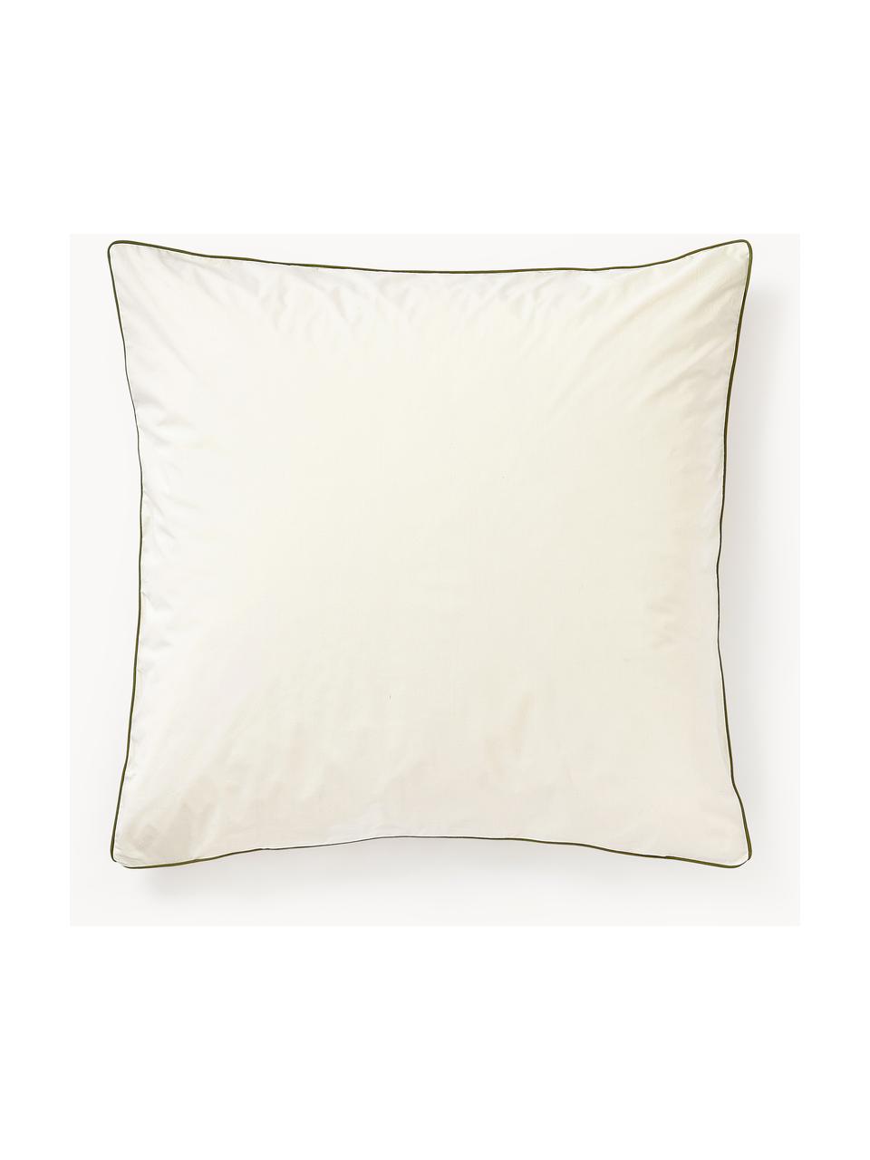 Taie d'oreiller en percale de coton avec passepoil Daria, Blanc crème, vert olive, larg. 50 x long. 70 cm
