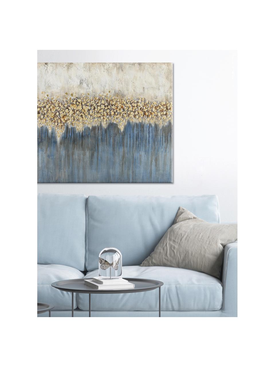Impression sur toile peinte à la main Danish Arts I, Blanc, bleu, couleur dorée, larg. 120 x haut. 90 cm