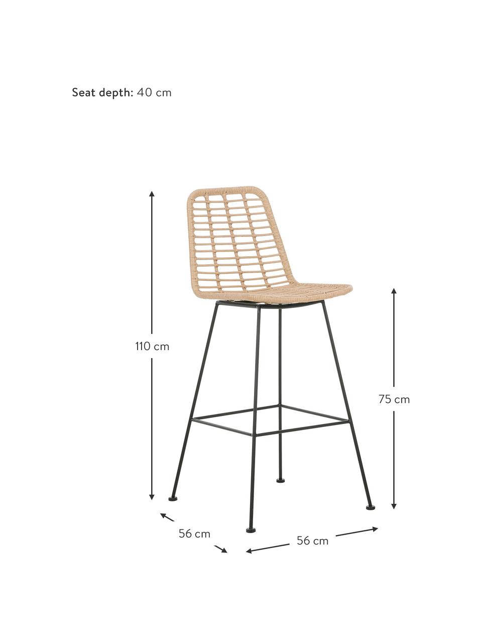 Krzesło barowe z polirattanu z metalowymi nogami Costa, Stelaż: metal malowany proszkowo, Drewno naturalne, S 56 x W 98 cm
