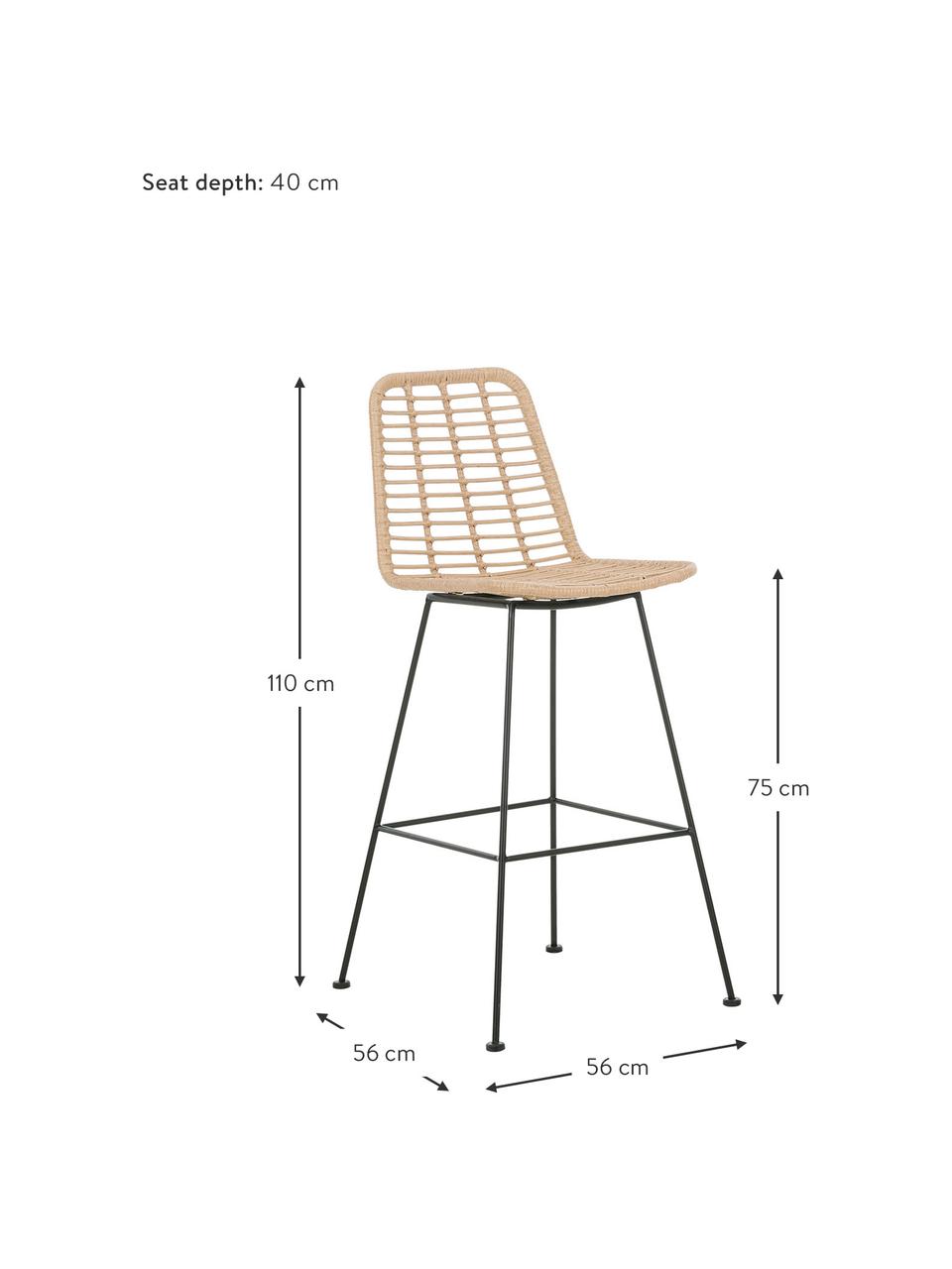 Sedia da bar intrecciata con gambe in metallo Costa, Seduta: intreccio polietilene, Struttura: metallo verniciato a polv, Marrone chiaro, nero, Larg. 56 x Alt. 110 cm