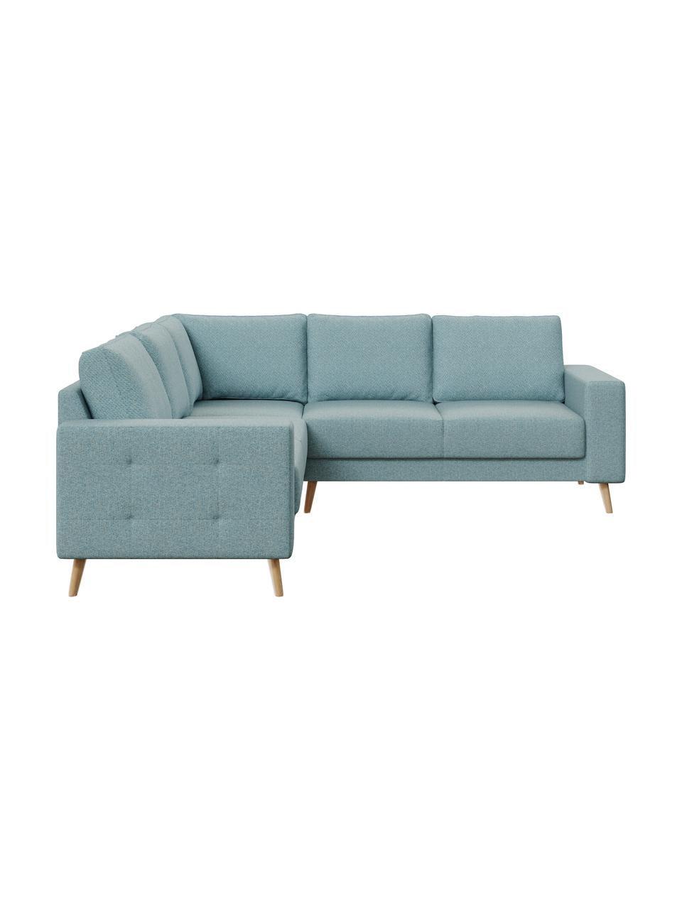 Sofa narożna Fynn, Tapicerka: 100% poliester z uczuciem, Stelaż: drewno liściaste, drewno , Nogi: drewno lakierowane Dzięki, Jasny niebieski, S 234 x G 234 cm