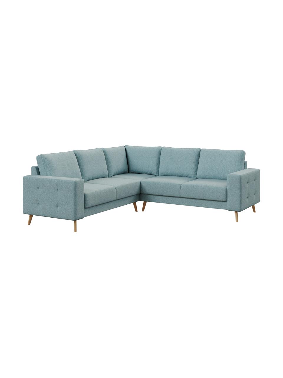 Sofa narożna Fynn, Tapicerka: 100% poliester z uczuciem, Stelaż: drewno liściaste, drewno , Nogi: drewno lakierowane Dzięki, Jasny niebieski, S 234 x G 234 cm