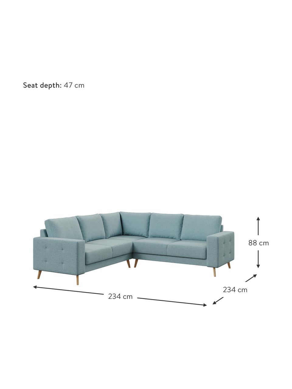 Divano angolare in tessuto azzurro Fynn, Rivestimento: 100% poliestere con sensa, Struttura: legno duro, legno tenero,, Piedini: legno verniciato Il rives, Azzurro, Larg. 234 x Prof. 234 cm