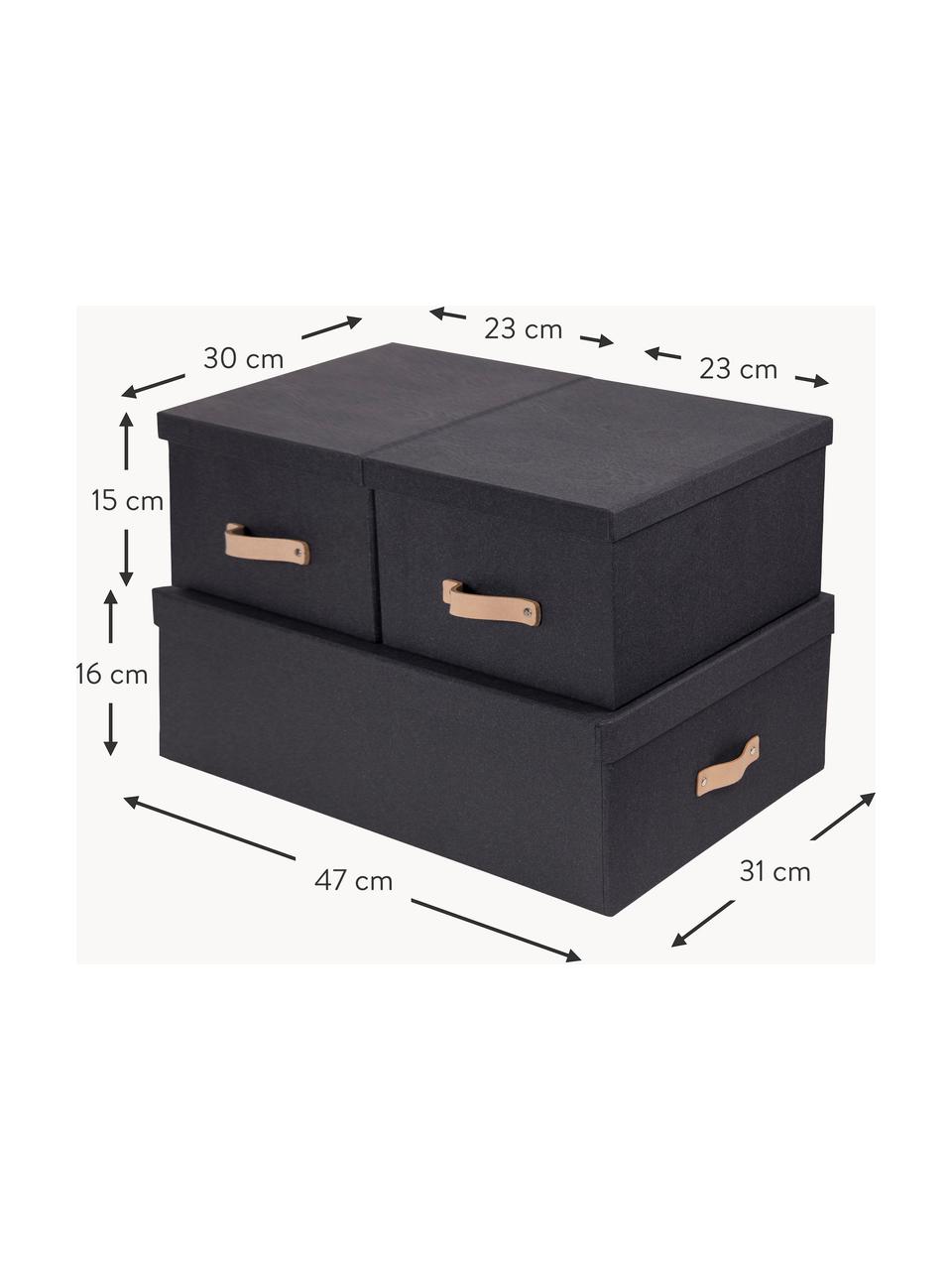 Set de cajas Inge, 3 uds., Caja: canvas, cartón macizo, Asa: cuero, Gris antracita, Set de diferentes tamaños