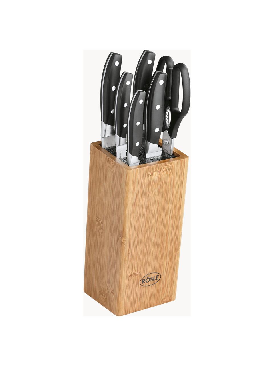 Messerblock Cuisine mit 5 Messern und 1 Schere, Messer: rostfreier Stahl X50CrMOV, Griff: Kunststoff, Helles Holz, Schwarz, Verschiedene Größen