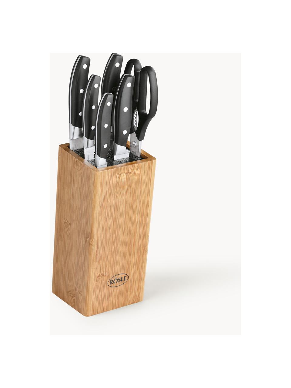 Messerblock Cuisine mit 5 Messern und 1 Schere, Messer: rostfreier Stahl X50CrMOV, Griff: Kunststoff, Helles Holz, Schwarz, Verschiedene Größen