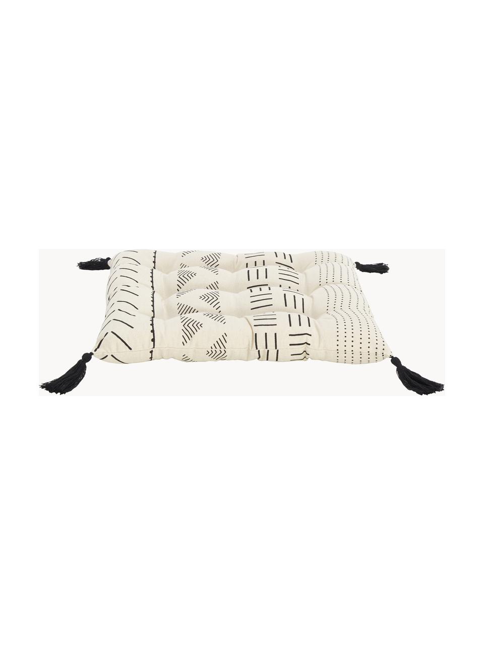 Coussin de chaise ethnique avec houppes Hana, Noir, larg. 40 x long. 40 cm