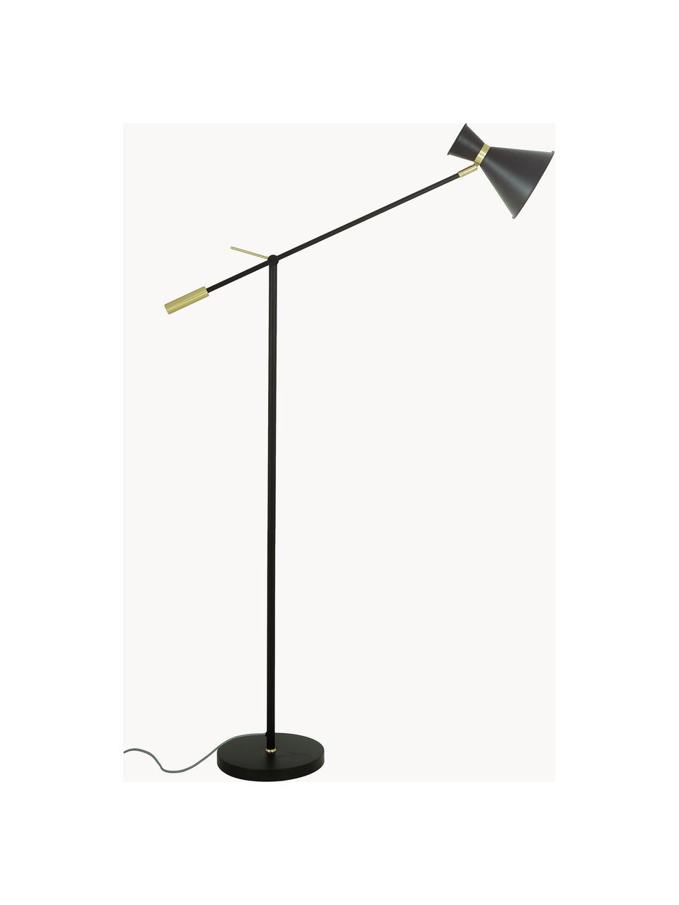 Retro leeslamp Audrey van metaal, Lampenkap: gepoedercoat metaal, Lampvoet: gepoedercoat metaal, Decoratie: vermessingd metaal, Goudkleurig, zwart, H 145cm