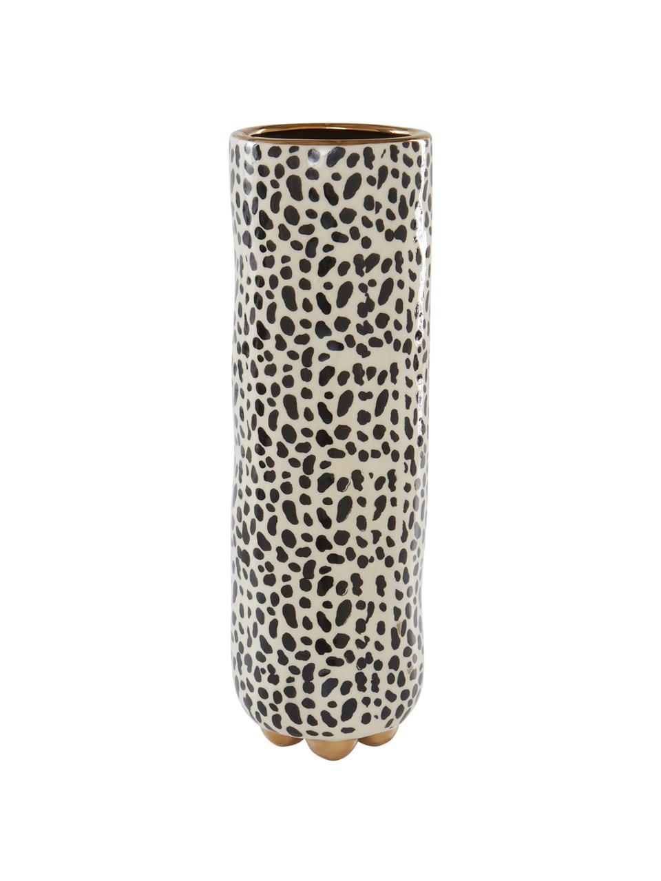 Große handbemalte Vase Fifi aus Keramik, Keramik, glasiert, Beige, Schwarz, Goldfarben, Ø 12 x H 34 cm