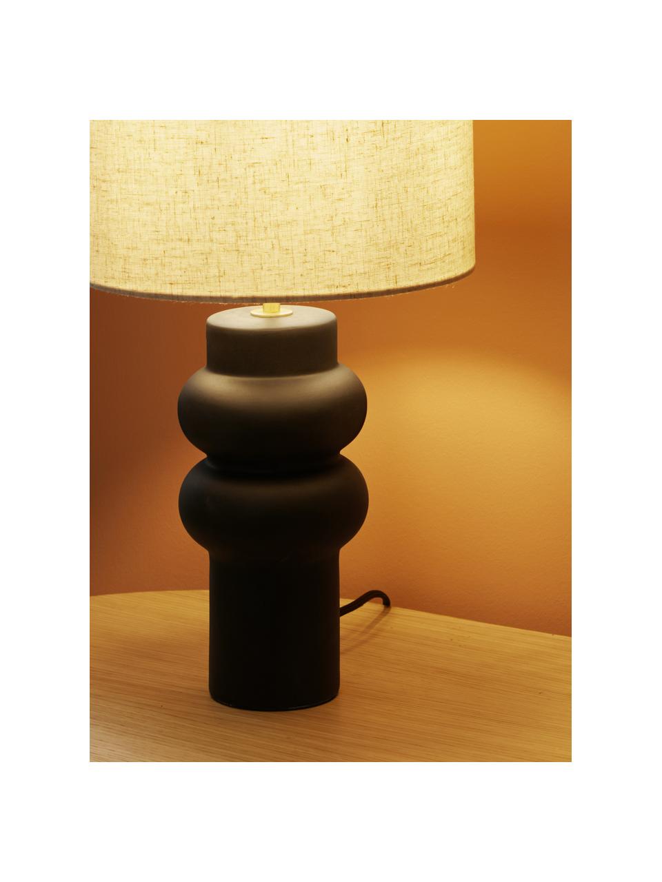 Grote keramische tafellamp Christine in zwart, Lampenkap: textiel, Lampvoet: keramiek, Decoratie: vermessingd metaal, Beige, groen, Ø 28 x H 53 cm
