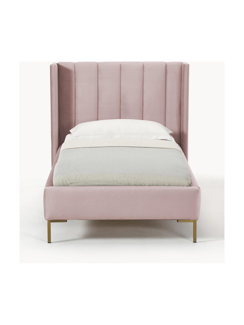 Einzelbett Dusk aus Samt, Bezug: Polyestersamt Der hochwer, Korpus: Massives Kiefernholz, FSC, Füße: Metall, pulverbeschichtet, Samt Rosa, B 90 x L 200 cm